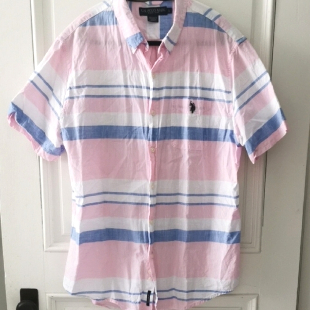 Mens U.S. POLO ASSN, vintage blue and pink preppy button down. Size Large